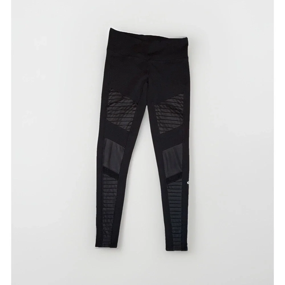 Alo Yoga Moto Leggings Women's XS Black High Waist Pintuck Mesh Panel Spandex